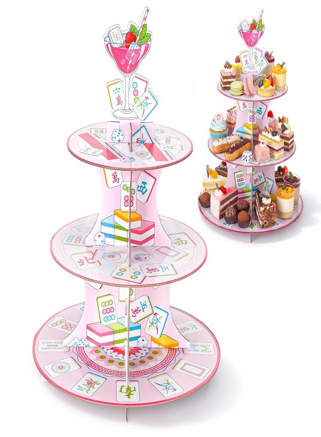 Willinglong Mahjong 3 Tier Cupcake Stand Mahjong Party Decoration Disposable Cardboard Cupcake Tower Pink Dessert Snack Stand Holder for Wedding Birthday Game Night Cocktail Party Supplies - Image 1