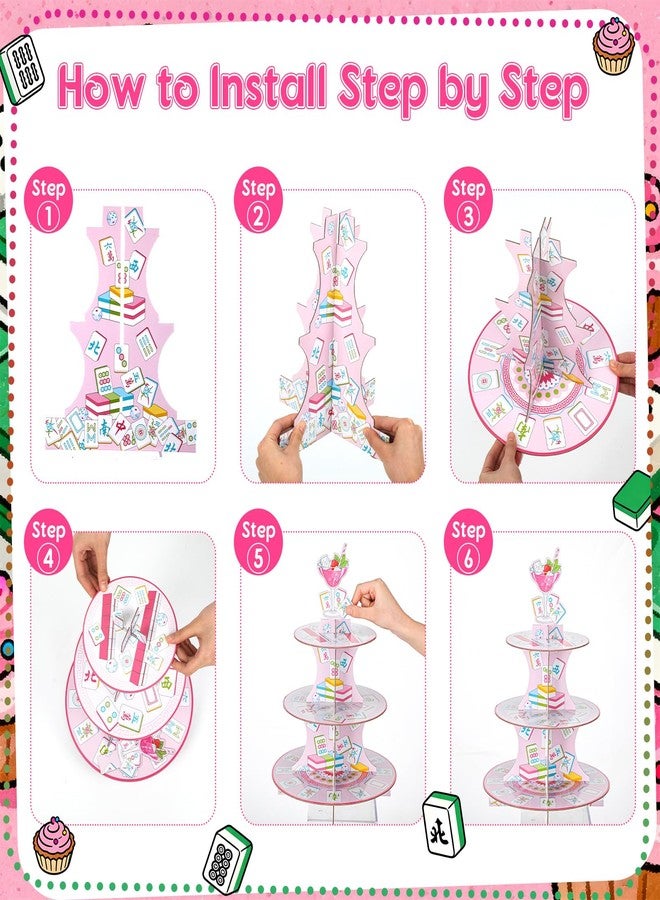 Willinglong Mahjong 3 Tier Cupcake Stand Mahjong Party Decoration Disposable Cardboard Cupcake Tower Pink Dessert Snack Stand Holder for Wedding Birthday Game Night Cocktail Party Supplies - Image 3