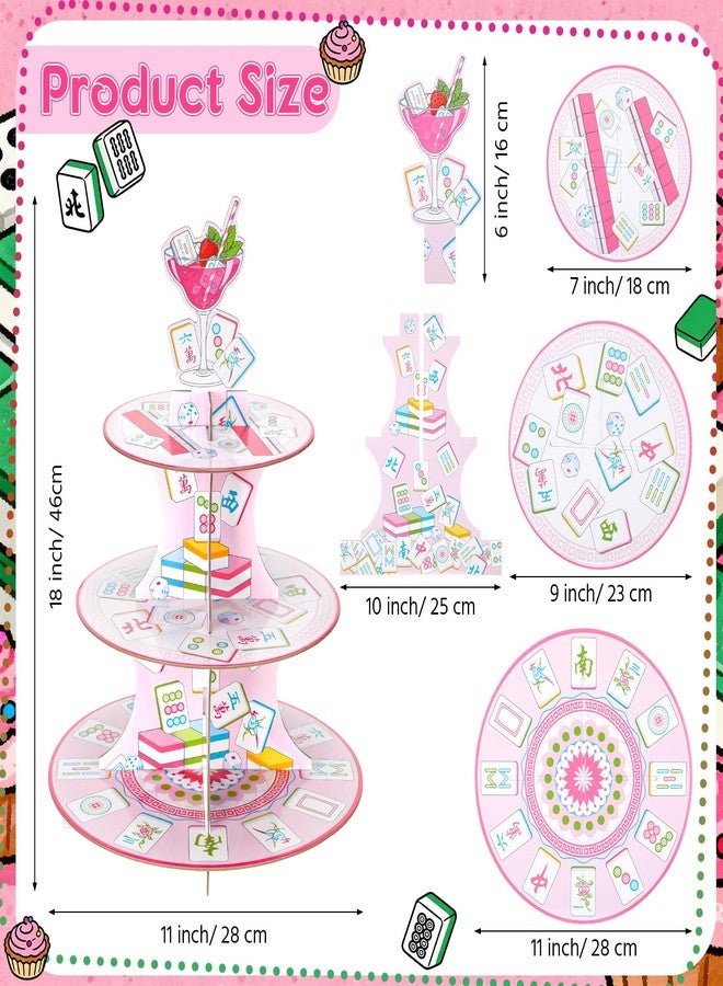 Willinglong Mahjong 3 Tier Cupcake Stand Mahjong Party Decoration Disposable Cardboard Cupcake Tower Pink Dessert Snack Stand Holder for Wedding Birthday Game Night Cocktail Party Supplies - Image 2
