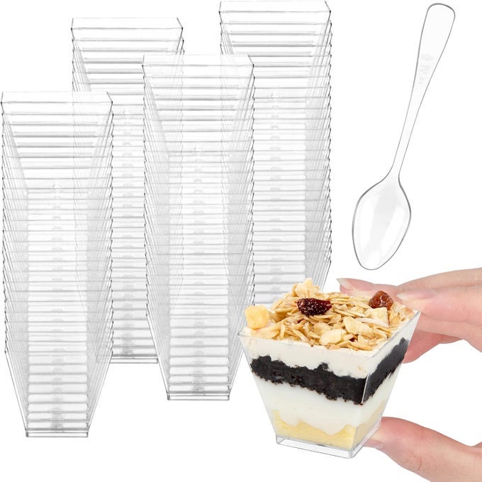 MINI DESSERT CUPS 100 CT 2OZ CLEAR PLASTIC PARFAIT APPETIZER CUPS WITH SPOONS MINI SQUARE DESSERT BOWLS FOR SERVING TASTING 100