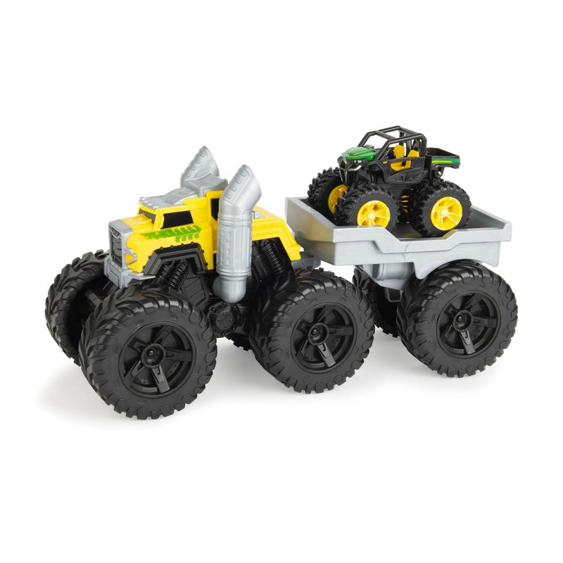 John Deere TOMY Monster Treads John Deere Roaring Rev Up Hauler Monster Truck Toy Set Includes Monster Truck Trailer and John Deere Gator Construction Toys with Hauling Action 3 Count - Image 3