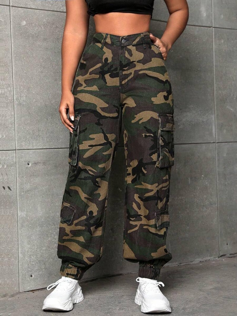 CaniBtr Camo Pants Women Baggy High Waisted Camouflage Cargo Joggers with Multiple Pockets Military Army Sweatpants XL - Image 4
