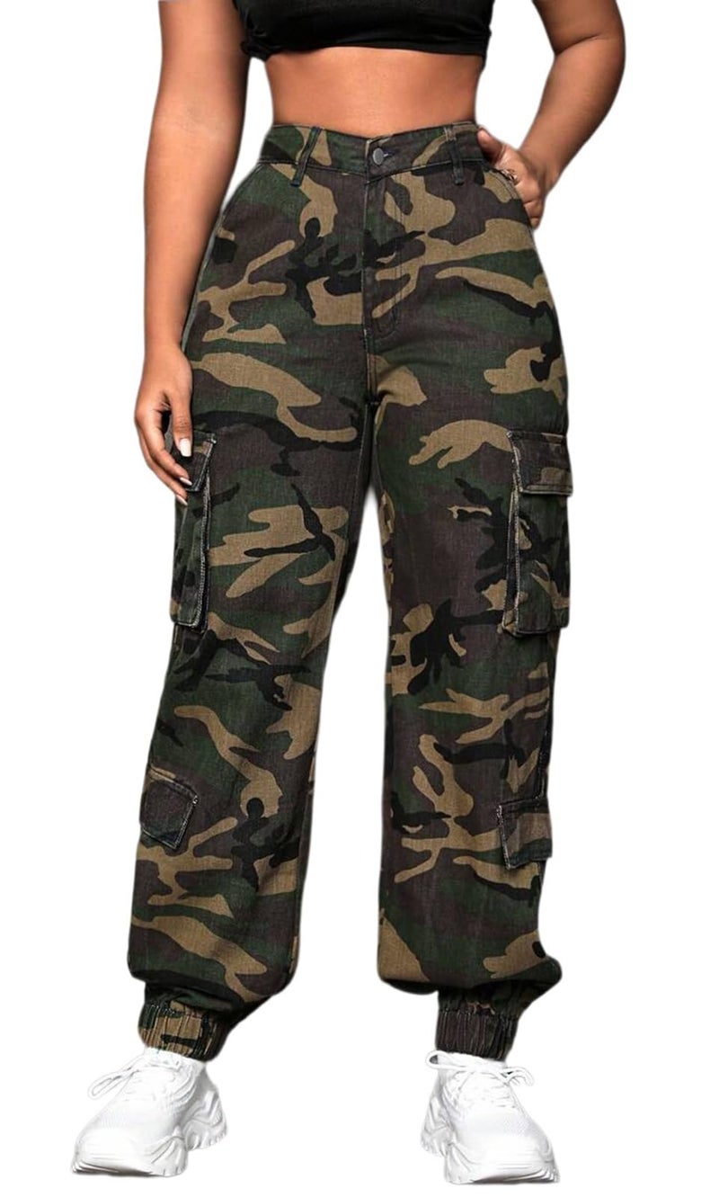 CaniBtr Camo Pants Women Baggy High Waisted Camouflage Cargo Joggers with Multiple Pockets Military Army Sweatpants XL - Image 1