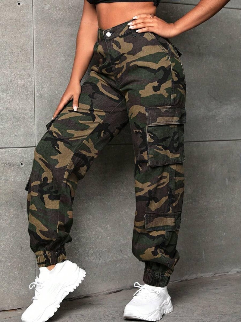 CaniBtr Camo Pants Women Baggy High Waisted Camouflage Cargo Joggers with Multiple Pockets Military Army Sweatpants XL - Image 2