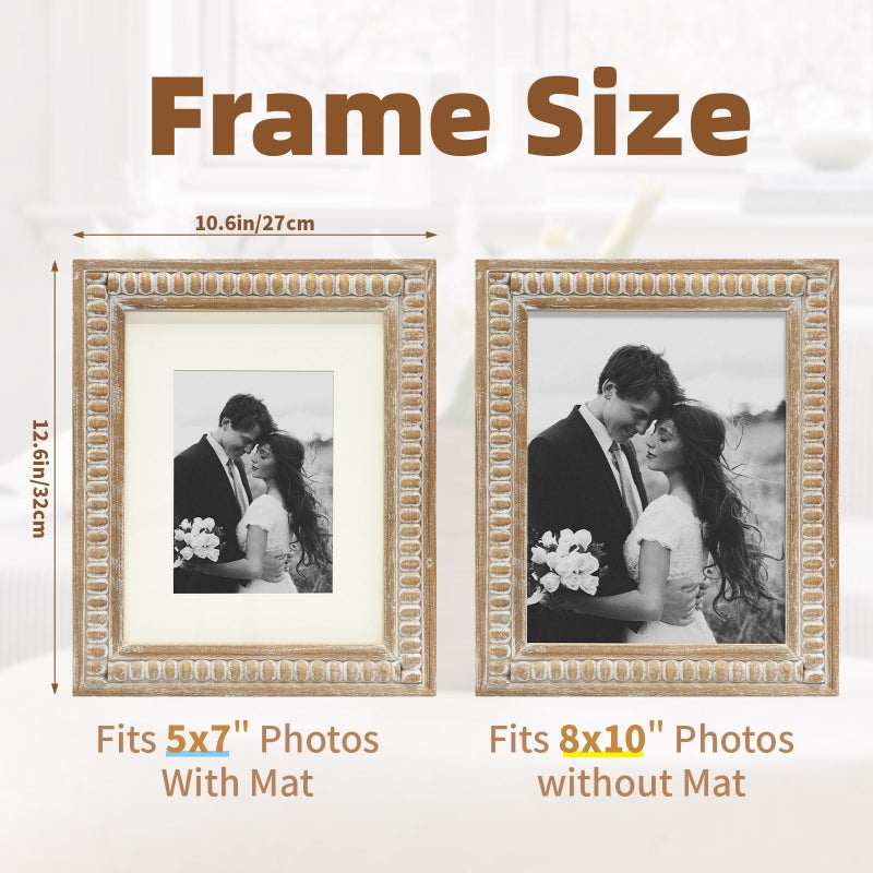 MACVAD Wooden Beaded 8x10 Picture Frame with Mat, Rustic Farmhouse Solid Wood Photo Frame for 5x7 Photos, Wall or Tabletop Display, Vintage White Distressed Home Decor - Image 2