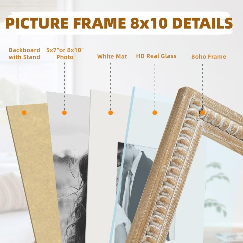 MACVAD Wooden Beaded 8x10 Picture Frame with Mat, Rustic Farmhouse Solid Wood Photo Frame for 5x7 Photos, Wall or Tabletop Display, Vintage White Distressed Home Decor - Image 5