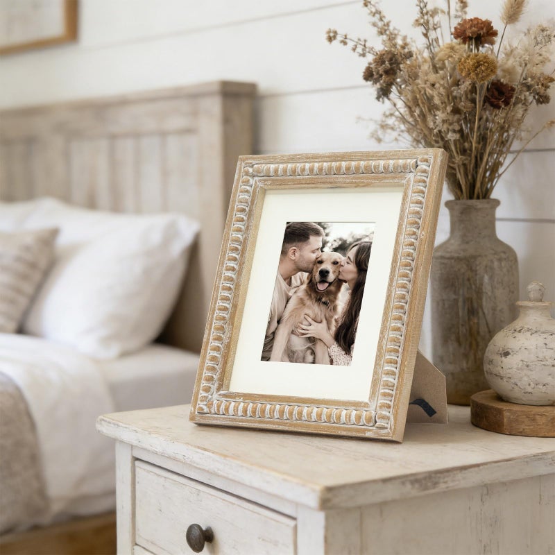 MACVAD Wooden Beaded 8x10 Picture Frame with Mat, Rustic Farmhouse Solid Wood Photo Frame for 5x7 Photos, Wall or Tabletop Display, Vintage White Distressed Home Decor - Image 3