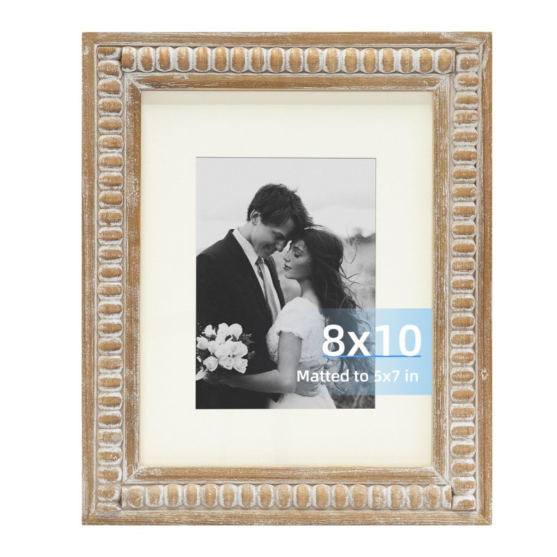 MACVAD Wooden Beaded 8x10 Picture Frame with Mat, Rustic Farmhouse Solid Wood Photo Frame for 5x7 Photos, Wall or Tabletop Display, Vintage White Distressed Home Decor - Image 1