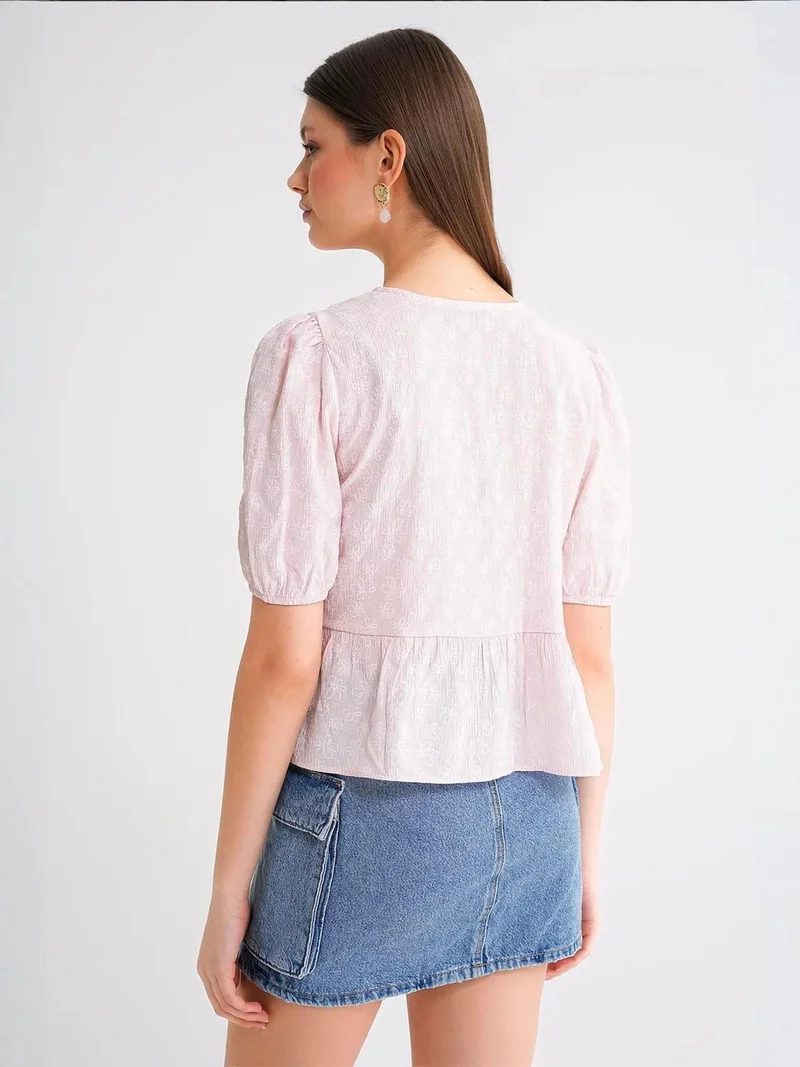 MixRay Powder Pink Mixray Frilly Crew Neck Blouse for Women | Best Price UAE