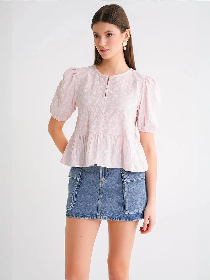MixRay Powder Pink Mixray Frilly Crew Neck Blouse for Women | Best Price UAE