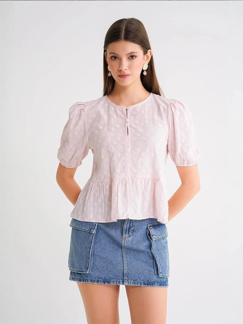 MixRay Powder Pink Mixray Frilly Crew Neck Blouse for Women | Best Price UAE