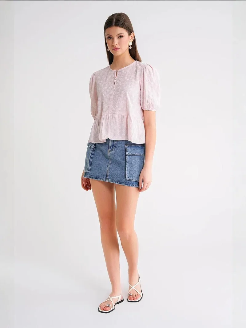 MixRay Powder Pink Mixray Frilly Crew Neck Blouse for Women | Best Price UAE