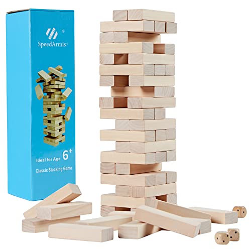 SpeedArmis Mini Tumble Tower 54PCS Wooden Stacking Game for Teens Pine Stack Timber Board Games with 4 Dice Set Classic Xmas Gifts for Teens - Image 1