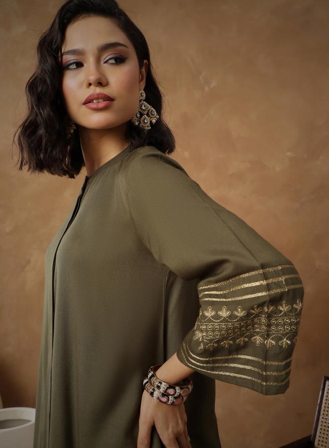 SASSAFRAS Olive Zari Embroidered Sleeves Top and Pants Co-Ords - Image 4