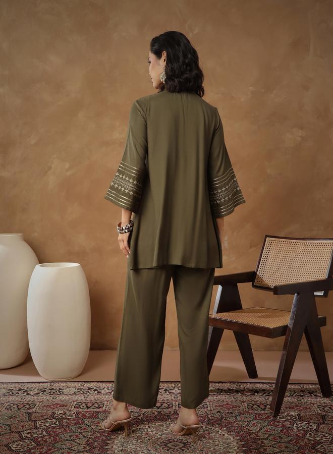SASSAFRAS Olive Zari Embroidered Sleeves Top and Pants Co-Ords - Image 3