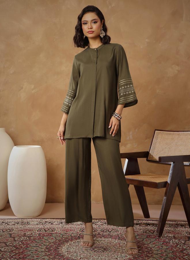 SASSAFRAS Olive Zari Embroidered Sleeves Top and Pants Co-Ords - Image 1