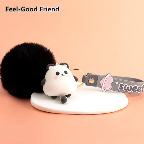 YILANFULL Kawaii Animal Keychain, Cute Panda Bag Charm with Pom Pom for Backpack Purse Keys, Girly Keychains for Girls Women Teens, Adorable Backpack Accessories（Black Panda） - Image 5