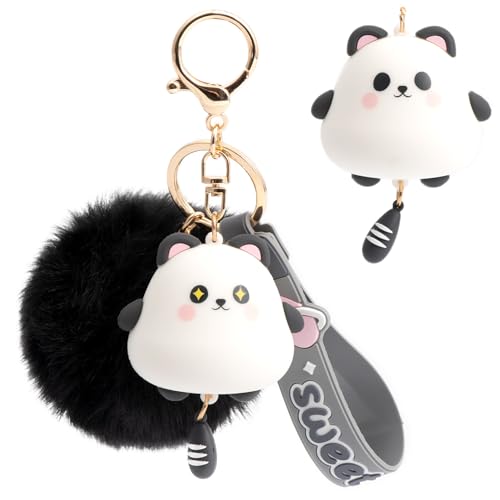 YILANFULL Kawaii Animal Keychain, Cute Panda Bag Charm with Pom Pom for Backpack Purse Keys, Girly Keychains for Girls Women Teens, Adorable Backpack Accessories（Black Panda） - Image 1