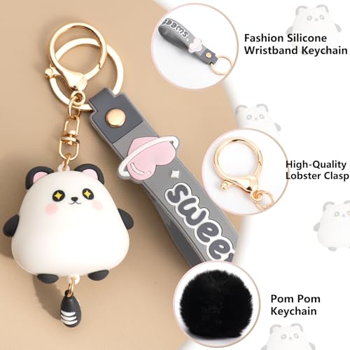 YILANFULL Kawaii Animal Keychain, Cute Panda Bag Charm with Pom Pom for Backpack Purse Keys, Girly Keychains for Girls Women Teens, Adorable Backpack Accessories（Black Panda） - Image 2