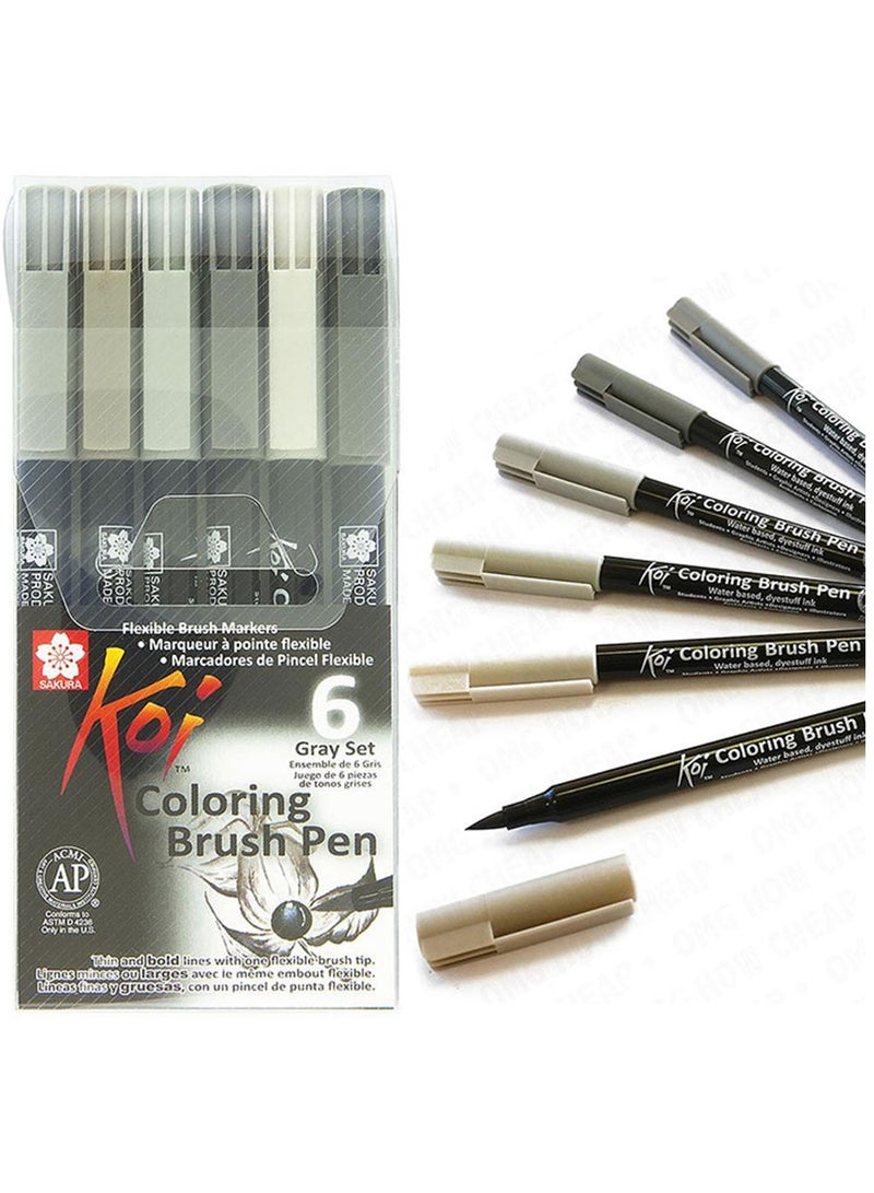 SAKURA 6-Piece Koi Colouring Brush Pen Gray Set - Image 1