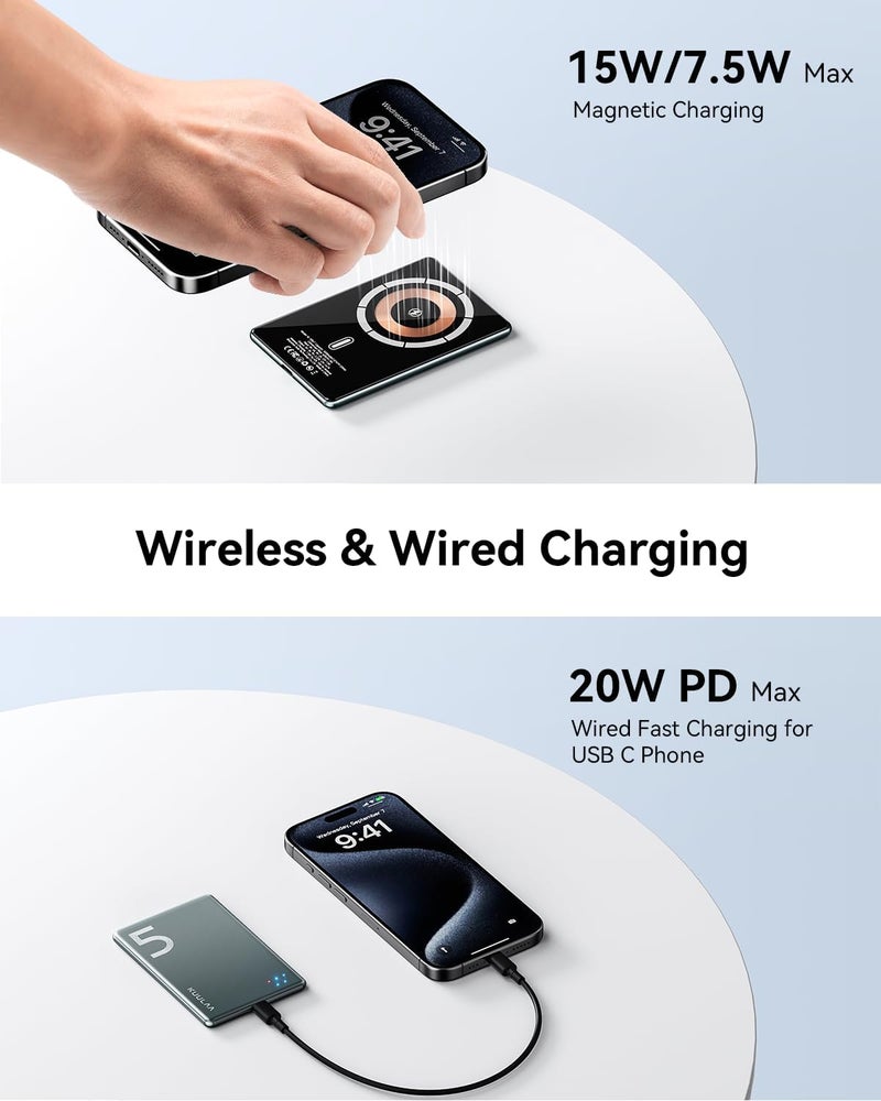 KUULAA Magsafe Power Bank 5000mAh 20W, Portable Charger Fast Charging, Wireless Magnetic Power Bank, Magnetic Battery Pack Compatible With iPhone 17/16/15/14/13/12 Series - Gray - Image 4