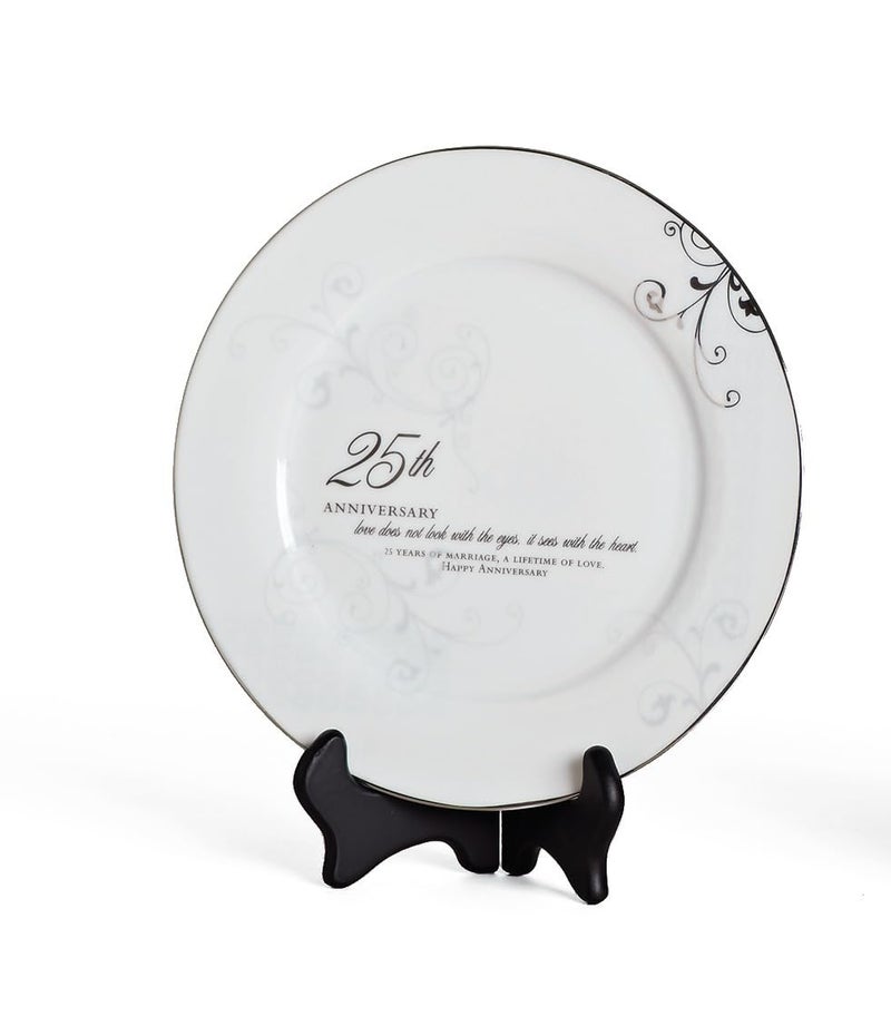Roman 25th Wedding Anniversary Plate 2Piece Set with Decorative Plate and Stand Elegant Silver Gift for Couples