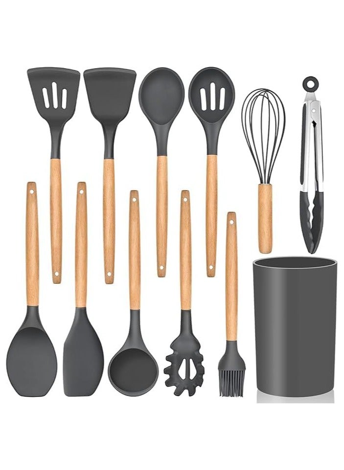 Cooking Utensils Set, 12 Pieces, Silicone and Wooden, Non-Stick, Heat Resistant (Grey)  - Image 2