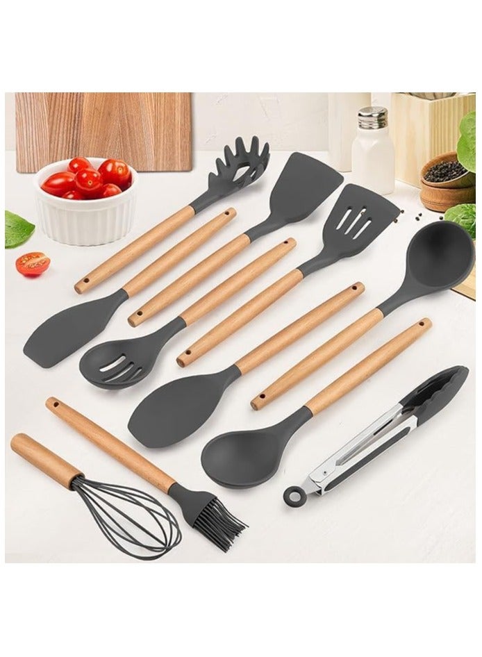 Cooking Utensils Set, 12 Pieces, Silicone and Wooden, Non-Stick, Heat Resistant (Grey)  - Image 3