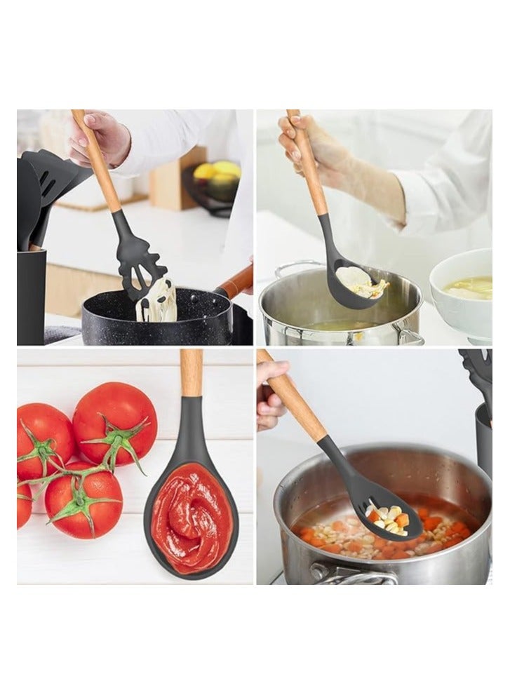 Cooking Utensils Set, 12 Pieces, Silicone and Wooden, Non-Stick, Heat Resistant (Grey)  - Image 4
