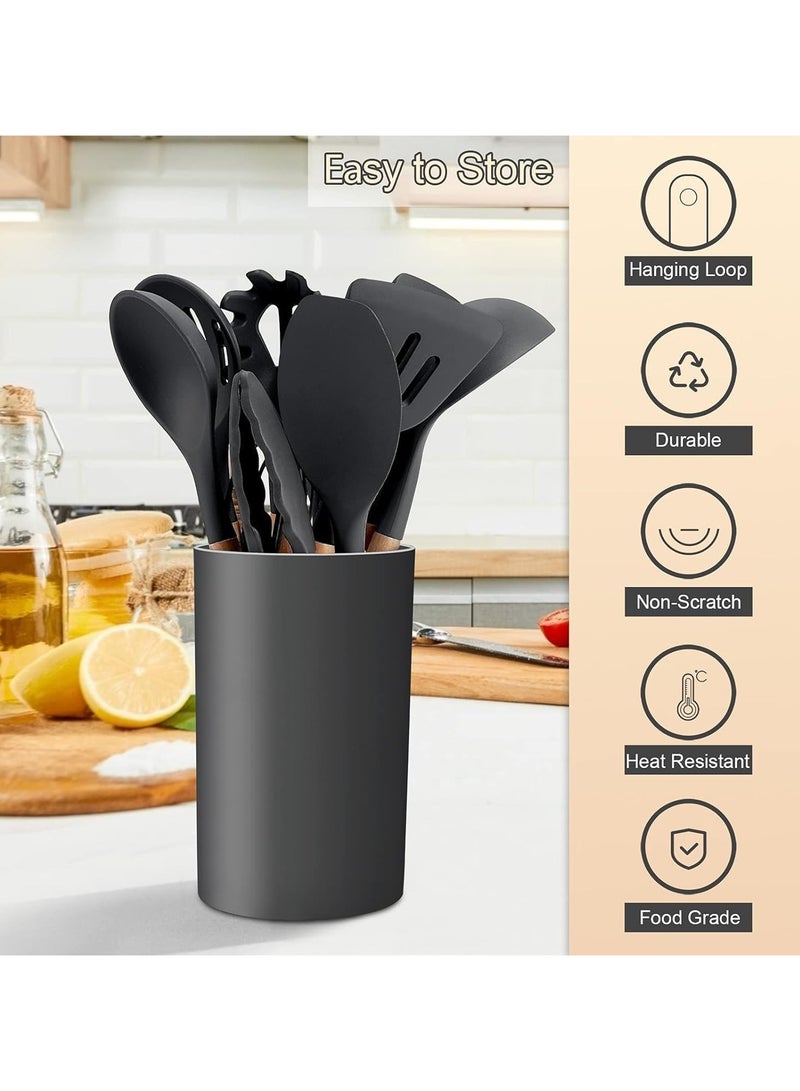 Cooking Utensils Set, 12 Pieces, Silicone and Wooden, Non-Stick, Heat Resistant (Grey)  - Image 5