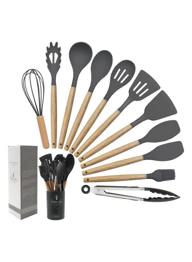 Cooking Utensils Set, 12 Pieces, Silicone and Wooden, Non-Stick, Heat Resistant (Grey)  - Image 1
