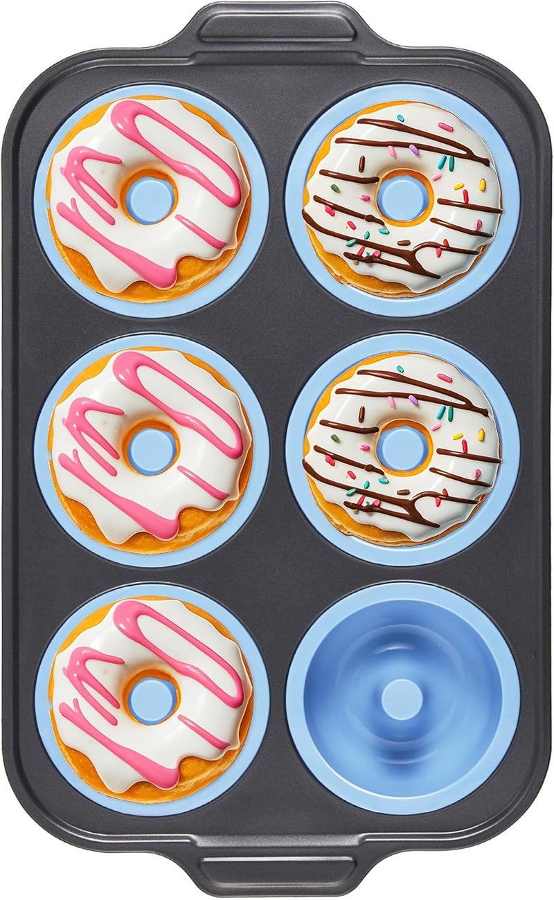 BRONYPRO Silicone Donut Pan for Baking with Metal Frame, 3.35 Inch Large doughnut pan,donut molds for baking Nonstick Non Toxic Bakeware for Oven,Blue - Image 1