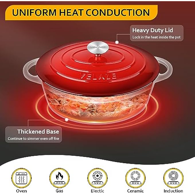 Velaze Induction Cast Iron Casserole Dish 30 Cm Enamelled Cast Iron Saucepan With Lid Good Seal NonStick Coated Cast Iron Soup Pot Diameter 30 Cm 5 L - Image 4