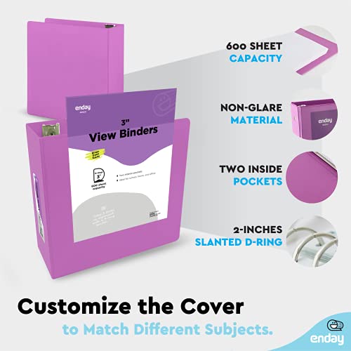 Enday 3 Inch Binder 3 Ring Binders Purple, Slant D-Ring 3” Clear View Cover with 2 Inside Pockets, Heavy Duty Colored School Supplies Office and Home Binders – by Enday - Image 5