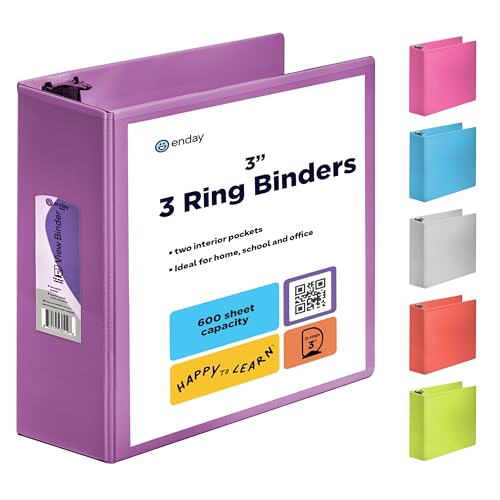 Enday 3 Inch Binder 3 Ring Binders Purple, Slant D-Ring 3” Clear View Cover with 2 Inside Pockets, Heavy Duty Colored School Supplies Office and Home Binders – by Enday - Image 1