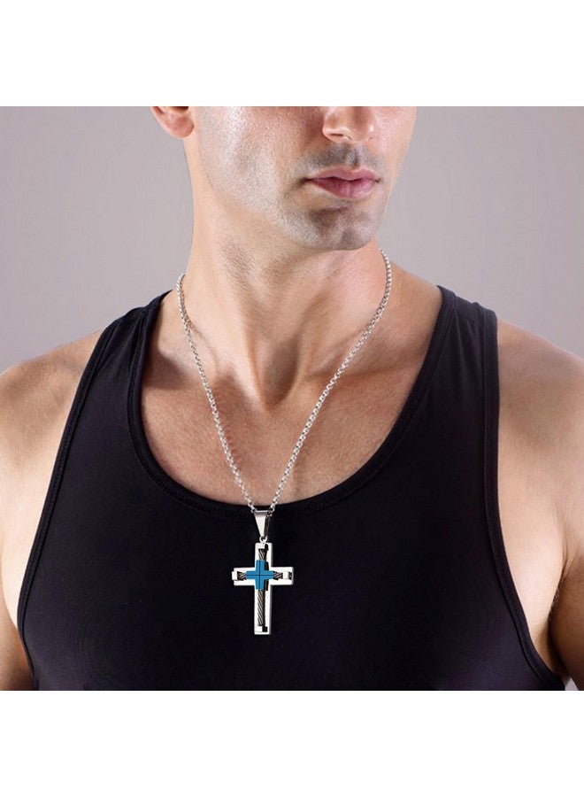 YL Men'S Cross Necklace 316L Stainless Steel Large Jesus Christ Pendant Blue Jewelry Rolo Chain For 24″ - Image 2