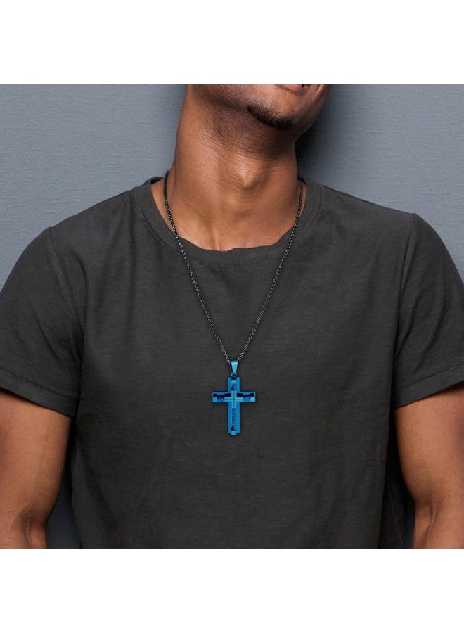 YL Men'S Cross Necklace 316L Stainless Steel Large Jesus Christ Pendant Blue Jewelry Rolo Chain For 24″ - Image 3