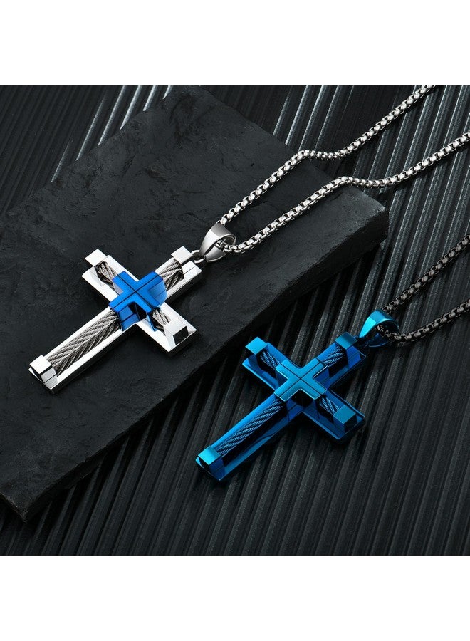 YL Men'S Cross Necklace 316L Stainless Steel Large Jesus Christ Pendant Blue Jewelry Rolo Chain For 24″ - Image 4