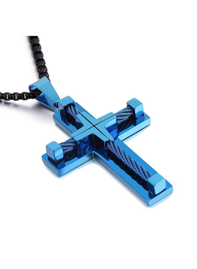 YL Men'S Cross Necklace 316L Stainless Steel Large Jesus Christ Pendant Blue Jewelry Rolo Chain For 24″ - Image 1