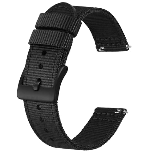 BISONSTRAP Men’s Nylon Watch Bands, Two-Piece Military Watch Straps, Quick Release, Brushed Buckle, 20mm, Black (Black Buckle) - Image 1
