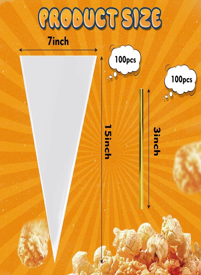 CdbC Cone Shaped Cellophane Treat Bags, 100 Pcs 7x15 inches, Clear, Disposable, Formed/Sealed, Plastic, Twist Tie, Perfect for Party Treats, Candy, Popcorn, Snack Wraps - Image 2