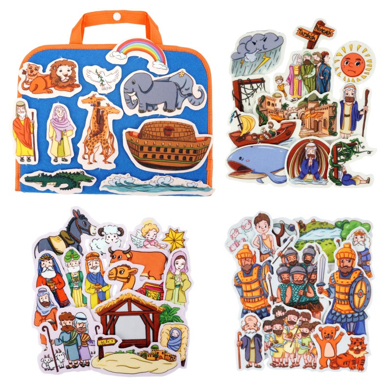 CHEFAN 4 Pack Felt Board Bible Stories Set Flannel Board Stories Include Noahs Ark Jonah and The Whale David and Goliath The Nativity of Jesus 50 pcs Precut Flannel Graph Bible Toys for Kids - Image 2