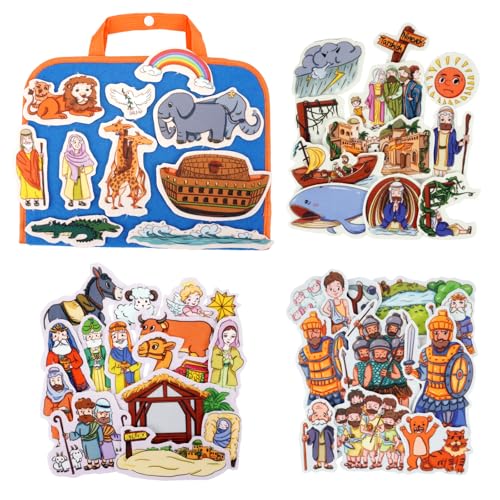 CHEFAN 4 Pack Felt Board Bible Stories Set Flannel Board Stories Include Noahs Ark Jonah and The Whale David and Goliath The Nativity of Jesus 50 pcs Precut Flannel Graph Bible Toys for Kids - Image 1