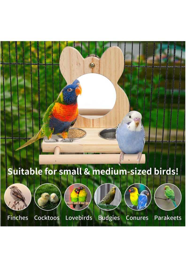 Bird Perch with Mirror and Stainless Steel Feeding Cups,Wooden Parrot Mirror Toy for Bird Cage, Bird Food water Feeder Perches for Budgie Parakeet Lovebird African Grey Macaw Cockatiels, And Fun Play - Image 1