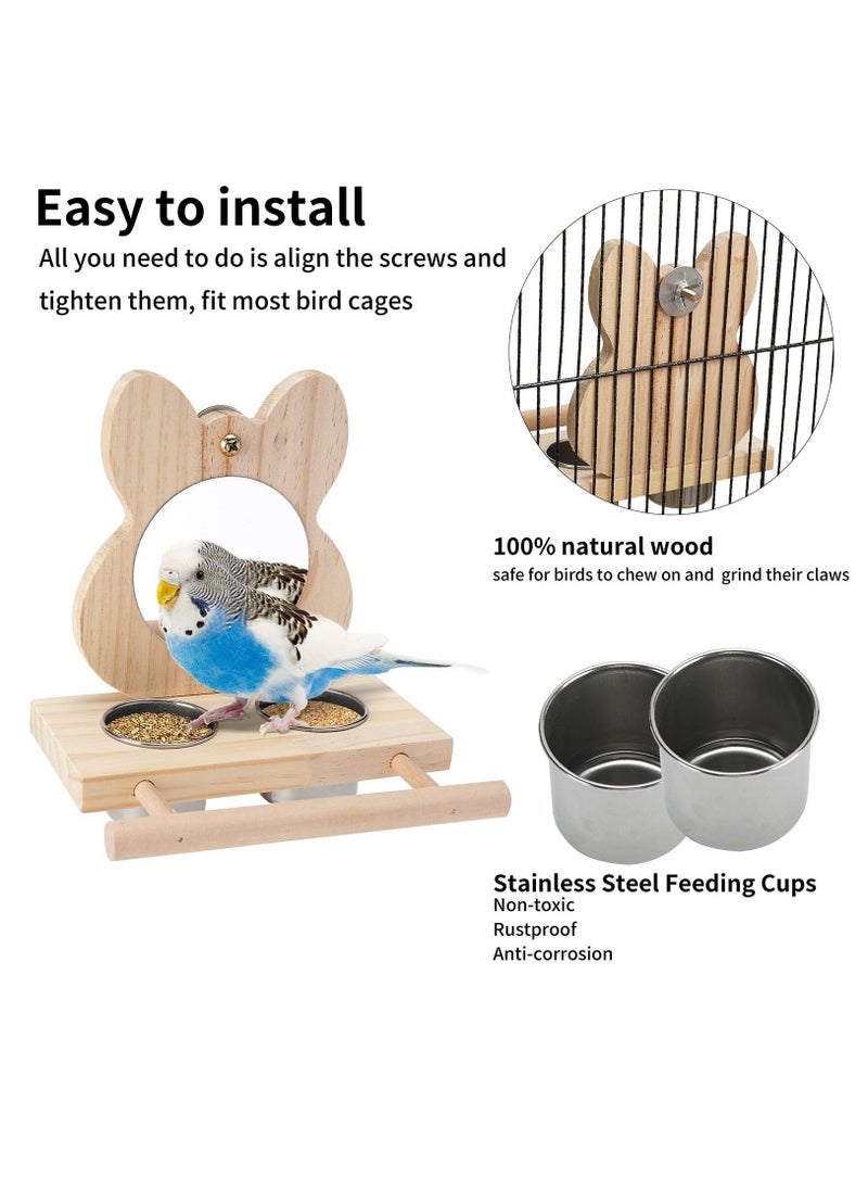 Bird Perch with Mirror and Stainless Steel Feeding Cups,Wooden Parrot Mirror Toy for Bird Cage, Bird Food water Feeder Perches for Budgie Parakeet Lovebird African Grey Macaw Cockatiels, And Fun Play - Image 5