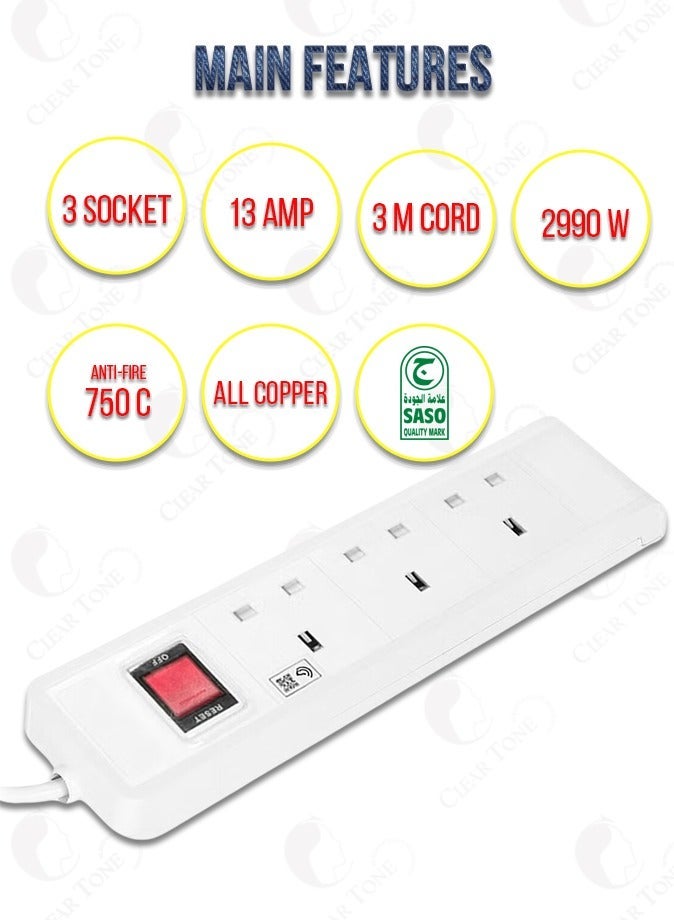 Hi Max Heavy-Duty 3m Extension Cord | 13Amp Fused Plug, 2990W Capacity & Copper Wirings | Multi-Socket Power Strip |  Surge Protected Power Cable | Overload Protection | Safety Shutter for Child Safety - Image 3