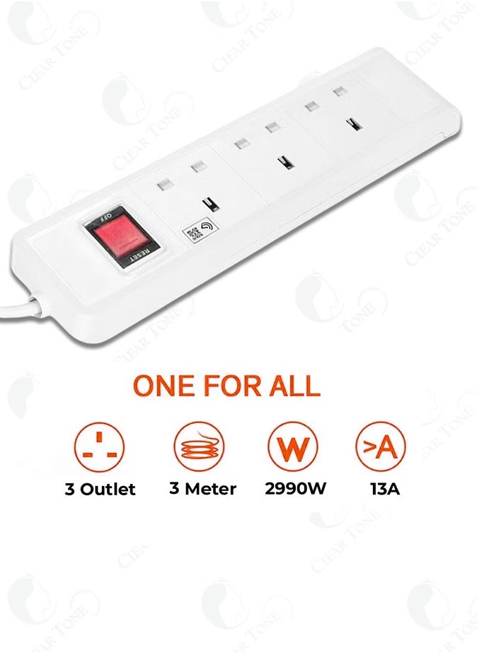 Hi Max - Heavy-Duty 3m Extension Cord | 13Amp Fused Plug, 2990W Capacity & Copper Wirings | Multi-Socket Power Strip |  Surge Protected Power Cable | Overload Protection | Safety Shutter for Child Safety - Image 1