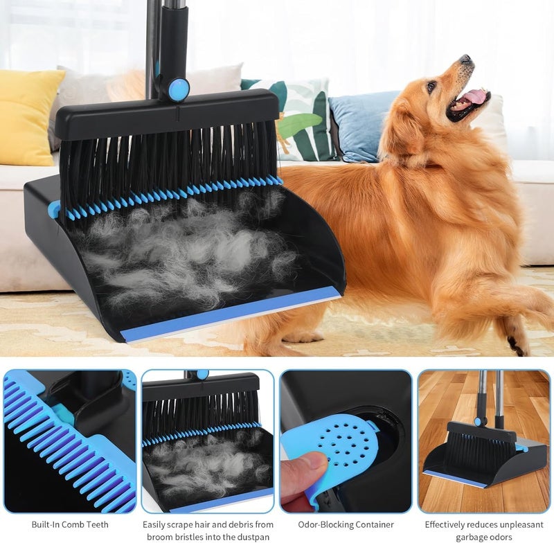 HOUSLET Broom and Dustpan Set, Large Brooms and Dust Pans with 48'' Long Handle, Upright Broom and Dustpan Comb for Lobby Dog Cat Pets Hair Home Use and Kitchen Cleaning (Blue and Black) - Image 5