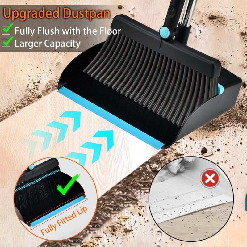 HOUSLET Broom and Dustpan Set, Large Brooms and Dust Pans with 48'' Long Handle, Upright Broom and Dustpan Comb for Lobby Dog Cat Pets Hair Home Use and Kitchen Cleaning (Blue and Black) - Image 3