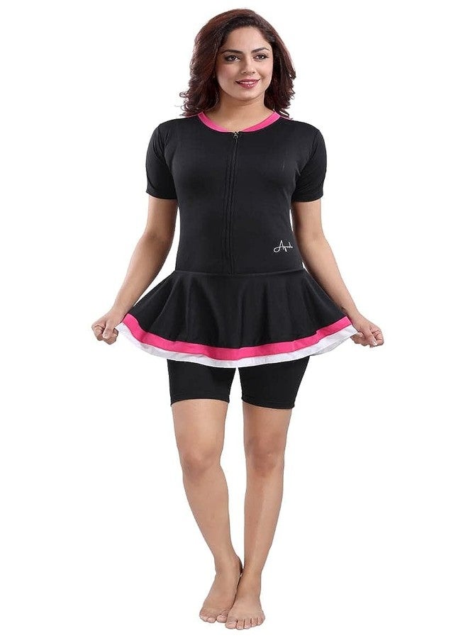 Aquado Womens one -Piece Swimwear,Half Sleeves Swimming Costume,Half Tights, Two Way Stretchable Polyester Fabric, U.V.Protection. (in, Alpha, 2XL, Black/Pink) - Image 1